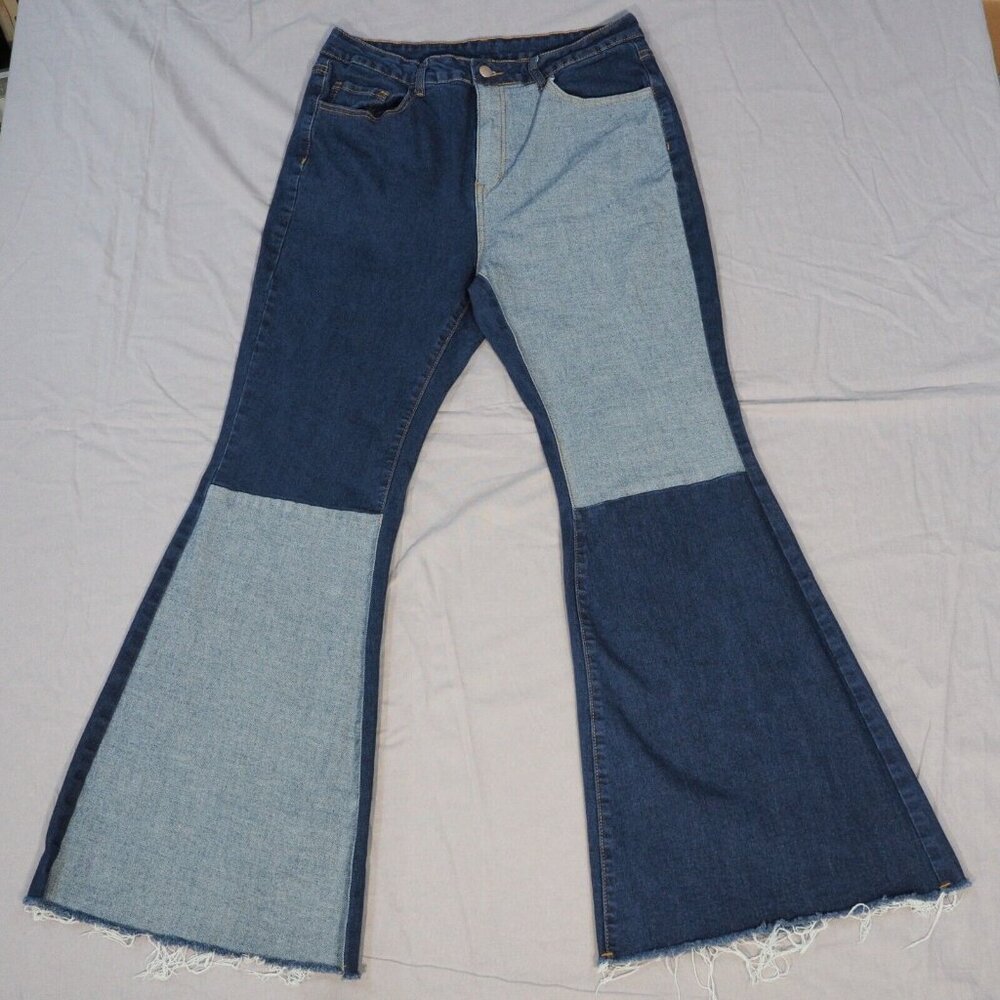 Shein Curve Jeans Womens 1XL Bell Flare Leg Plus Curvy Color Block Stretch Denim